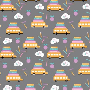 Piles of books and school busses and pencils back to school teacher design gray yellow lilac girls