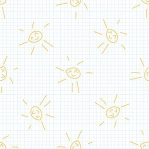  Cute scribble sun in the sky kids doodle background.