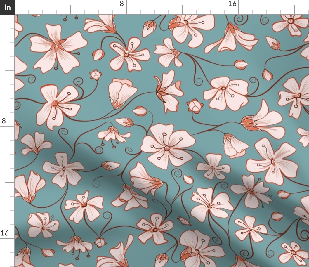 Ditsy White Flowers - Blue and Pink-Large