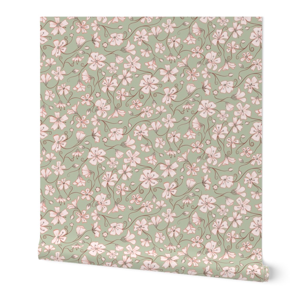 Ditsy White Flowers - Green and Pink-Large