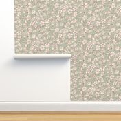 Ditsy White Flowers - Green and Pink-Large