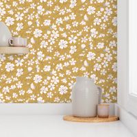 Ditsy White Flowers - Mustard and Gray-Large