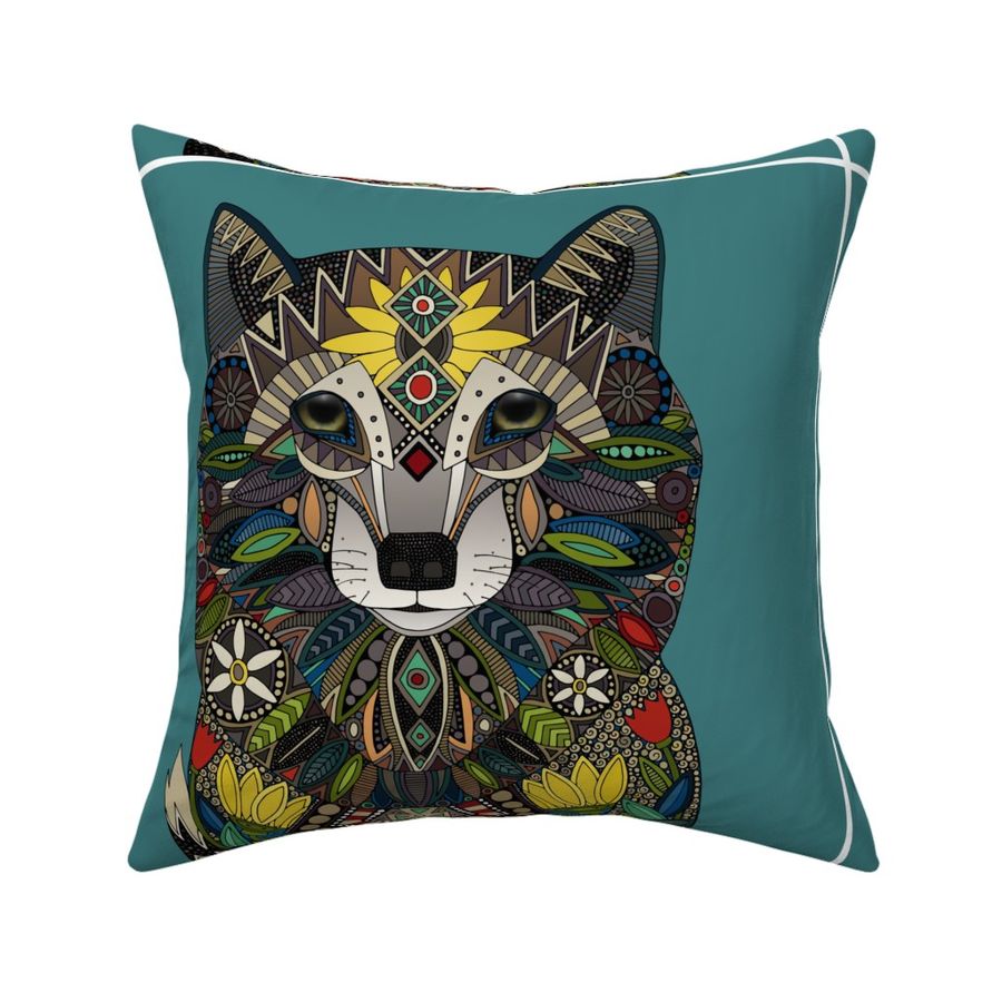 WOLF teal pillow panel