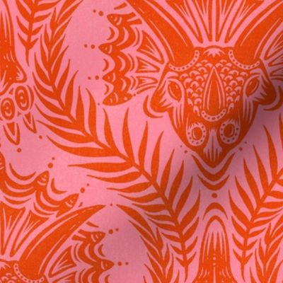 Triceratops Damask - pink and burnt orange - large scale