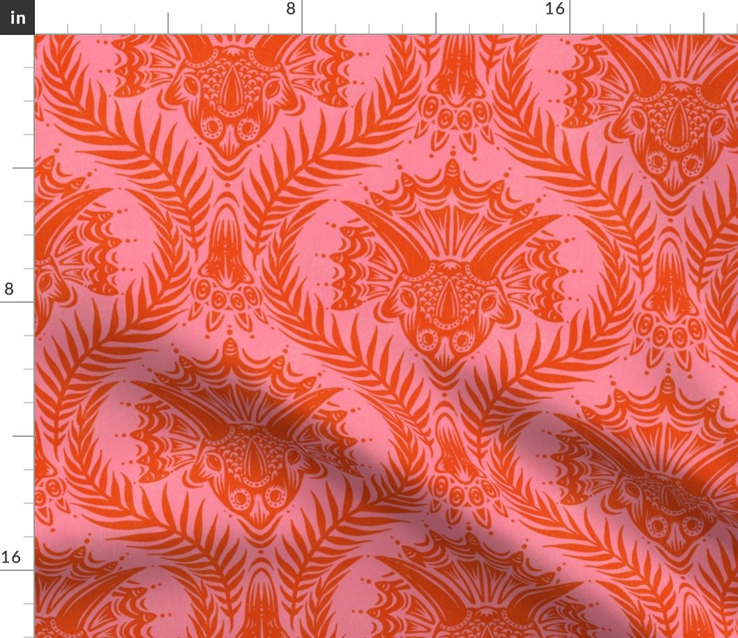 Triceratops Damask - pink and burnt orange - large scale