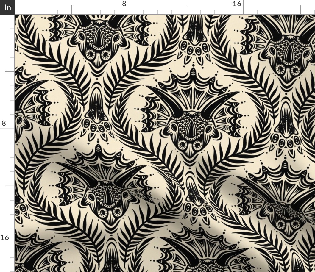 Triceratops Damask - black and cream - large scale 