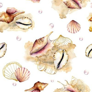 Seashells, pearl on sand. Gold and watercolor shell underwater ornament