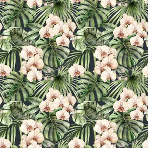 Beige orchids monstera banana palm leaves tropical pattern