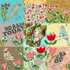 Spring quilt patchwork "no rain today", with birds and tulips, cheerful and colorful.