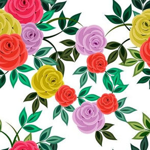  Red, purple, yellow roses with green leaves on a white background