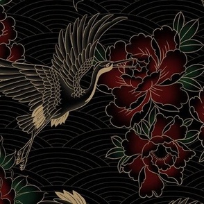 medium // Updated Japanese cranes, peonies and clouds in gold