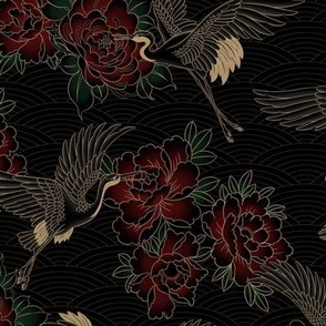 small // Updated Japanese cranes, peonies and clouds in gold
