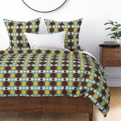 Bold Aztec shapes boho dark brown yellow peacock teal