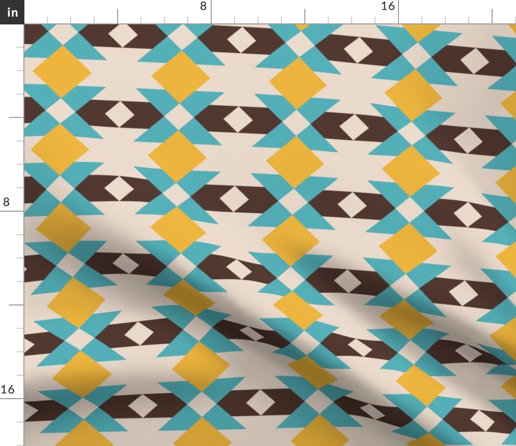 Bold Aztec geometric shapes cream peacock teal goldenrod yellow brown