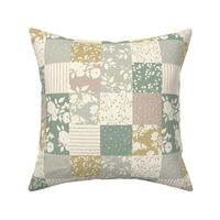 Cotswold Floral Patchwork, roses, leaves, floral, green, mustard 