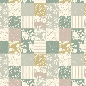 Cotswold Floral Patchwork, roses, leaves, floral, green, mustard 