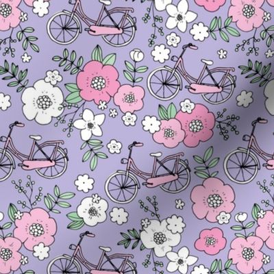 Little boho bicycle garden vintage romantic flower blossom and leaves spring summer design girls lilac purple pink mint