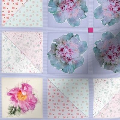 12x12-Inch Half-Brick Repeat of Peony Faux Quilt Top in Springtime Hues II