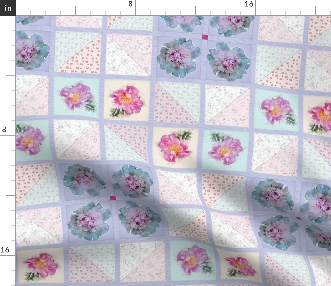 12x12-Inch Half-Brick Repeat of Peony Faux Quilt Top in Springtime Hues II