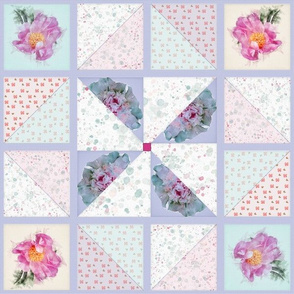 12x12-Inch Repeat of Peony Pinwheel Quilt Top in Springtime Hues I