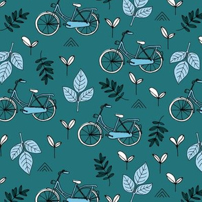 Little boho bicycle garden vintage style leaves and branches forest summer day design neutral teal blue 
