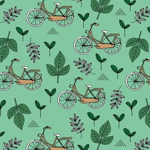 Little boho bicycle garden vintage style leaves and branches forest summer day design neutral apple green emerald mint