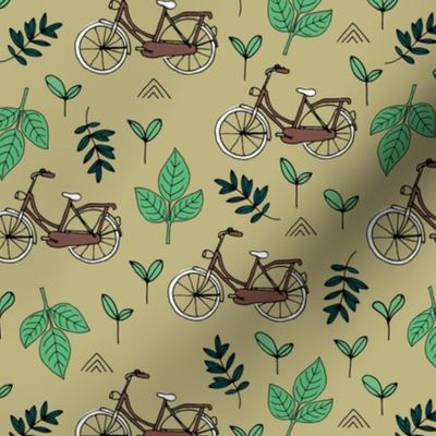 Little boho bicycle garden vintage style leaves and branches forest summer day design neutral olive green apple