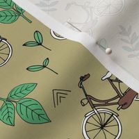 Little boho bicycle garden vintage style leaves and branches forest summer day design neutral olive green apple
