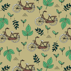 Little boho bicycle garden vintage style leaves and branches forest summer day design neutral olive green apple