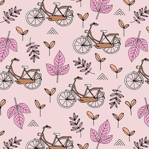 Little boho bicycle garden vintage style leaves and branches forest summer day design girls peach pink blush