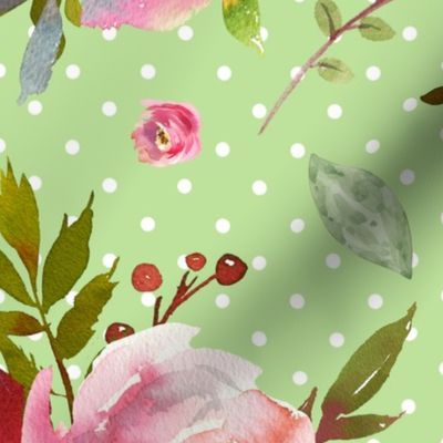 XL Watercolor Peonies & Roses (apple green) Floral Pink Plum Blush Flowers Garden Blooms, LARGEST scale