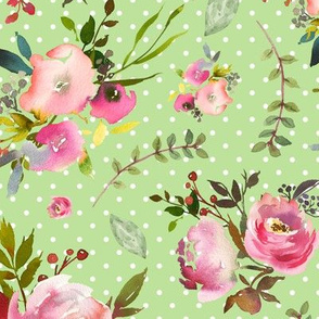 Watercolor Peonies & Roses (apple green) Floral Pink Plum Blush Flowers Garden Blooms, LARGE scale