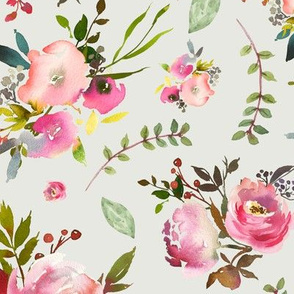 Watercolor Peonies & Roses (eggshell) Floral Pink Plum Blush Flowers Garden Blooms, LARGE scale