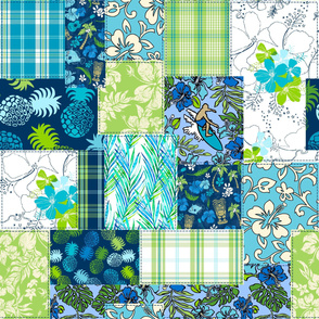 Aloha Patchwork Hawaiian Tropical Prints - Teal and Lime