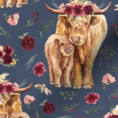 6" maroon floral highland cow on stone blue background