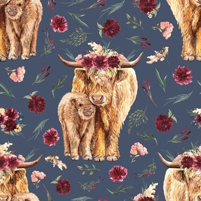 highland cows with leaves and maroon Fabric