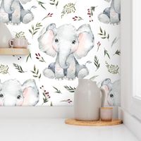 baby elephant floral on white 2 inch elephant