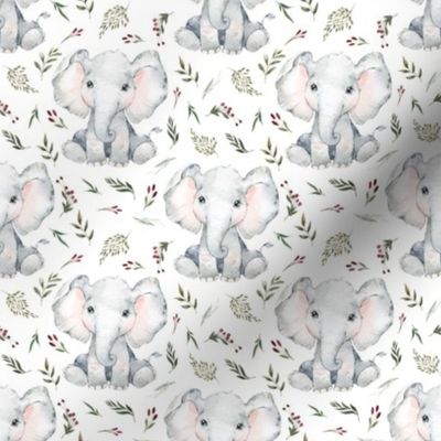 baby elephant floral on white 2 inch elephant