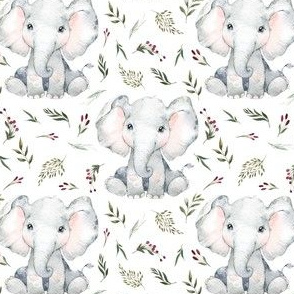 baby elephant floral on white 2 inch elephant