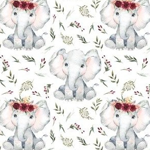 baby elephant floral on white with crown 2 inch elephant