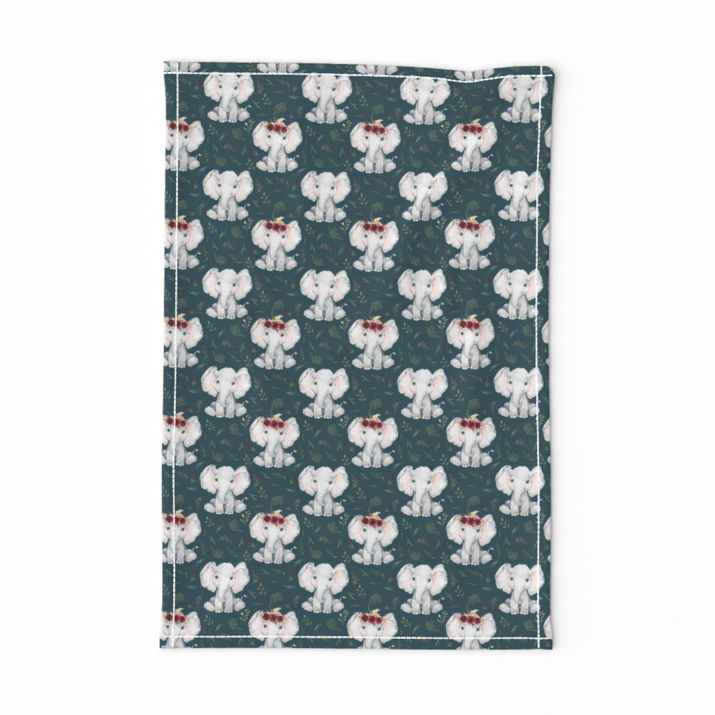 baby elephant floral on teal with crown 2 inch elephant