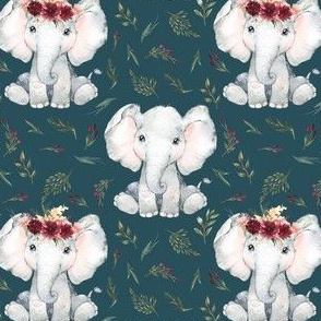 baby elephant floral on teal with crown 2 inch elephant