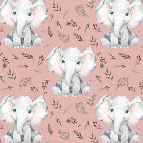 baby elephant floral on dusty pink 2 inch elephant