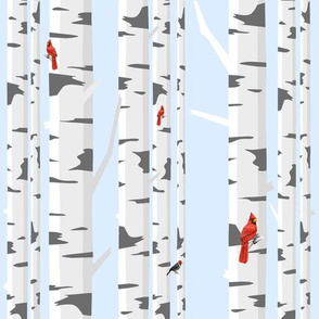 Red Cardinals On White Birch Trees
