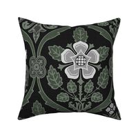 Gothic Revival roses and lilies, silver on black 24W