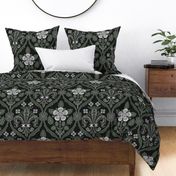 Gothic Revival roses and lilies, silver on black 24W