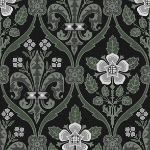 Gothic Revival roses and lilies, silver on black 24W
