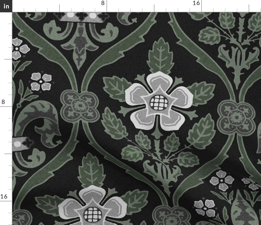 Gothic Revival roses and lilies, silver on black 24W