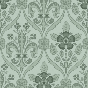 Gothic Revival roses and lilies, pale jade green