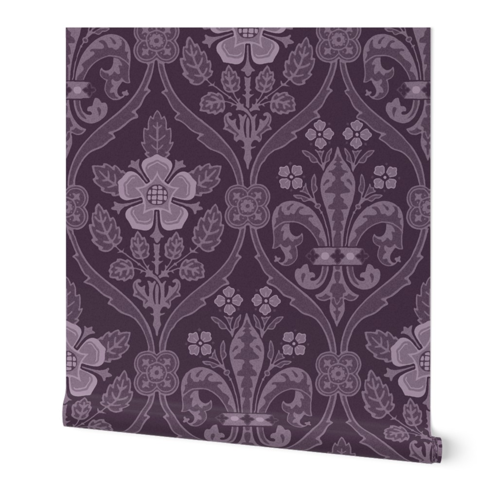 Gothic Revival roses and lilies, muted aubergine